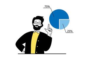 datos análisis concepto con personas escena en plano web diseño. hombre analizando diagrama con datos porcentaje y haciendo financiero informes. vector ilustración para social medios de comunicación bandera, márketing material.