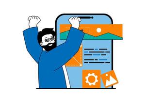 aplicación desarrollo concepto con personas escena en plano web diseño. hombre edificio móvil diseño con botones colocación, Ingenieria interfaz. vector ilustración para social medios de comunicación bandera, márketing material.