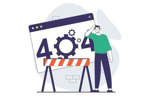 Page not found concept with people scene in flat design for web. Man sees connection problems message and under construction sign. Vector illustration for social media banner, marketing material.