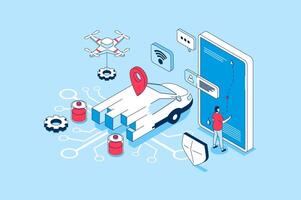 Smart car concept in 3d isometric design. People managing of autonomous automobile with smartphone app, using online navigation map service. Vector illustration with isometry scene for web graphic