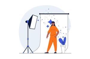 Podcast streaming web concept with character scene. Woman posing in studio, show making backstage process. People situation in flat design. Vector illustration for social media marketing material.