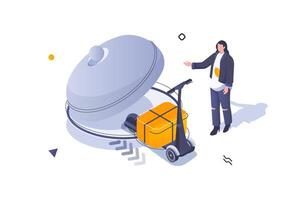 Food delivery concept in 3d isometric design. Woman making order from restaurant and using express shipping by courier kick scooter. Vector illustration with isometric people scene for web graphic