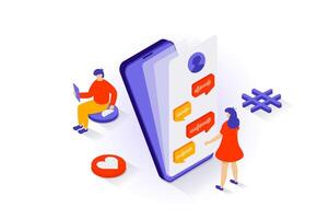Social media concept in 3d isometric design. People communicates online and sending audio voice messages in chat, collecting likes and hearts. Vector illustration with isometry scene for web graphic