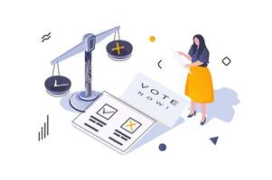 elección y votación concepto en 3d isométrica diseño. mujer hace decisión y opciones político por votación en votación a votación estación. vector ilustración con isométrica personas escena para web gráfico