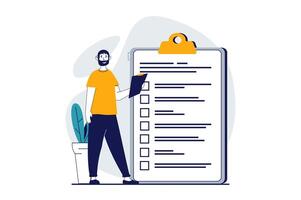 Online survey concept with people scene in flat design for web. Man answering questions in checklist, voting in quiz, filing form. Vector illustration for social media banner, marketing material.