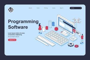 Programming software concept in 3d isometric design for landing page template. People prototyping products and working with code, testing and making optimization programs. Vector illustration for web