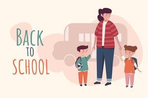 Back to school poster template in flat design. Banner layout with happy mother holding her children hand and going to class together. Mom with elementary pupils standing by bus. Vector illustration.