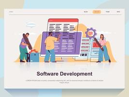 Software development web concept for landing page in flat design. Man and woman brainstorming and creating program code, tech support team. Vector illustration with people scene for website homepage