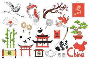 China elementos mega conjunto en gráfico plano diseño. haz elementos de grua, koi pez, sakura, continuar, aficionados, carpa, yin yang, bonsai árbol, bambú, katana y otro. vector ilustración aislado pegatinas