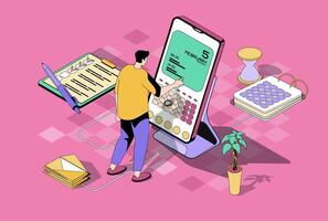 Planning concept in 3d isometric design. Man making appointment using mobile app calendar, work with task list, reminders and notes. Vector illustration with isometry people scene for web graphic