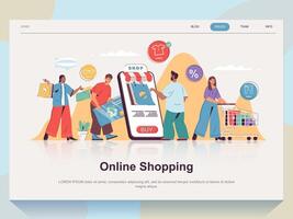 en línea compras web concepto para aterrizaje página en plano diseño. hombre y mujer haciendo compras, ordenando entrega y pago con crédito tarjetas vector ilustración con personas escena para sitio web página principal