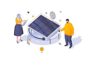 Eco lifestyle concept in 3d isometric design. Solar panels station for energy generation, sustainable alternative sources technology. Vector illustration with isometric people scene for web graphic