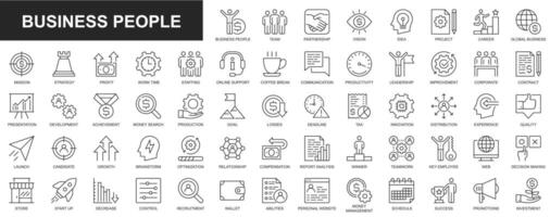 Business people web icons set in thin line design. Pack of team, partnership, vision, idea, project, career, mission, report, profit, work time, online support, other. Vector outline stroke pictograms