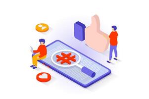 Social media concept in 3d isometric design. People networking and connecting online, leaving feedback and likes, searching hashtag posts. Vector illustration with isometry scene for web graphic