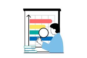 Data analysis concept with people scene in flat web design. Man researching graphs and finding solutions for business development. Vector illustration for social media banner, marketing material.