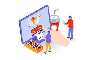 Food delivery concept in 3d isometric design. People ordering products bags in supermarket, sushi and drink in cafe, buying and receive receipt. Vector illustration with isometry scene for web graphic