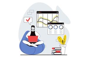 Data analysis concept with people scene in flat design for web. Man working with diagrams and line graphs, making financial research. Vector illustration for social media banner, marketing material.