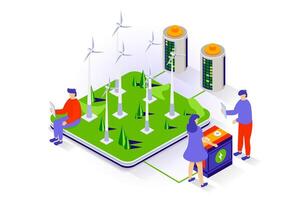 Eco lifestyle concept in 3d isometric design. People use wind turbines station to generate green electricity and charge and recharge battery. Vector illustration with isometry scene for web graphic