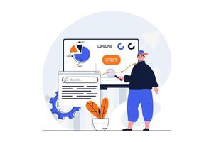 Financial planning web concept with character scene. Man making report presentation with accounting budget. People situation in flat design. Vector illustration for social media marketing material.