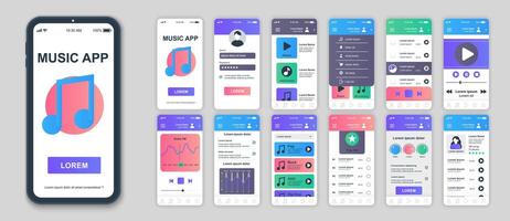 Music mobile app screens set for web templates. Pack of profile login, album playlists, online audio player, equalizer settings. UI, UX, GUI user interface kit for cellphone layouts. Vector design