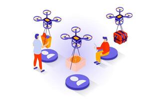 Food delivery concept in 3d isometric design. People ordering products bags and pizza from restaurant and receiving parcels from flying drones. Vector illustration with isometry scene for web graphic