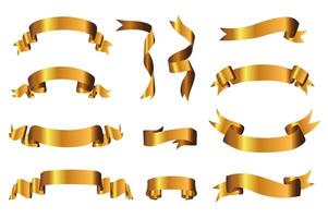 Gold ribbons mega set elements in flat design. Bundle of decorative shiny golden ribbons with empty space, swirling and scrolling holiday greeting banners. Vector illustration isolated graphic objects