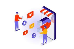 Social media concept in 3d isometric design. People networking, likes video content, manages online profiles, sharing posts, attracting to blog. Vector illustration with isometry scene for web graphic