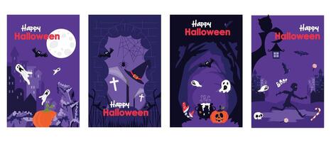 Halloween holiday cover brochure set in trendy flat design. Poster templates with night city with flying bats and ghosts, witch hat and cauldron, evil dark forest with pumpkin. Vector illustration.