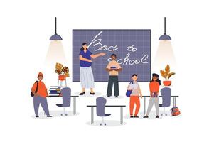 Back to school concept with character scene for web. Teacher greets pupils at blackboard and classmates go to lesson. People situation in flat design. Vector illustration for marketing material.