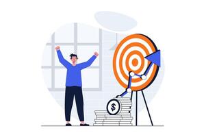 Business target web concept with character scene. Man hitting aim, achieves work results and increase profit. People situation in flat design. Vector illustration for social media marketing material.