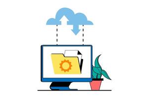 Cloud computing concept with people scene in flat web design. Cloud storage and processing data, making sync and creating backup. Vector illustration for social media banner, marketing material.