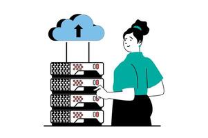 Cloud computing concept with people scene in flat web design. Woman working and administering at server rack room, monitoring hardware. Vector illustration for social media banner, marketing material.