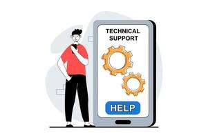 Technical support concept with people scene in flat design for web. Man calling in tech help desk, getting consultation and solution. Vector illustration for social media banner, marketing material.