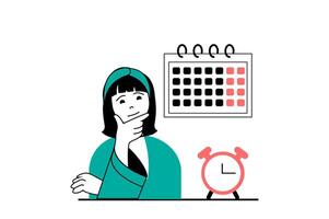 Freelance concept with people scene in flat web design. Woman managing work time and making organization with deadline in calendar. Vector illustration for social media banner, marketing material.