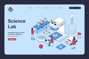 Science laboratory concept in 3d isometric design for landing page template. People making researches on microscope, doing chemicals tests in flasks and tubes in lab. Vector illustration for web