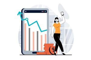 Stock market concept with people scene in flat design for web. Woman analyzing chart with arrow growth on app, investing and trading. Vector illustration for social media banner, marketing material.