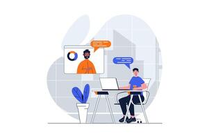 Video conference web concept with character scene. Men talking and working remotely via virtual video chat. People situation in flat design. Vector illustration for social media marketing material.