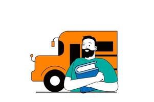 Education concept with people scene in flat web design. Student with book going to lessons and riding at school bus to classroom. Vector illustration for social media banner, marketing material.