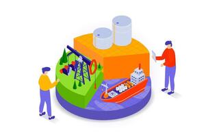 Oil industry concept in 3d isometric design. People working in fuel business with plant station with machinery for production, storage, ship. Vector illustration with isometry scene for web graphic