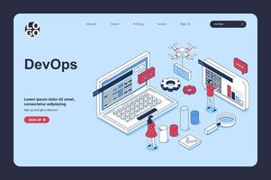 devops concepto en 3d isométrica diseño para aterrizaje página modelo. personas implementar ágil procesos y automatizaciones en programación para creando y dándose cuenta productos vector ilustración para web