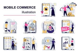 Mobile commerce concept with character situations mega set. Bundle of scenes people shopping and making internet payment using credit cards in application. Vector illustrations in flat web design