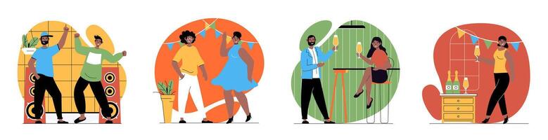 fiesta concepto con personas escenas conjunto en plano web diseño. haz de personaje situaciones con hombres y mujer baile, celebrando Bebiendo champán y teniendo divertido a día festivo. vector ilustraciones.