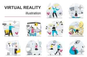 Virtual reality concept with character situations mega set. Bundle of scenes people in VR headset working, training, making research, learning in cyberspace. Vector illustrations in flat web design