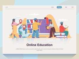 Online education web concept for landing page in flat design. Man and woman reading books, watching webinars and video lessons, graduation. Vector illustration with people scene for website homepage