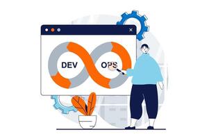 DevOps concept with people scene in flat design for web. Man researching project workflow, improvement and optimization processes. Vector illustration for social media banner, marketing material.