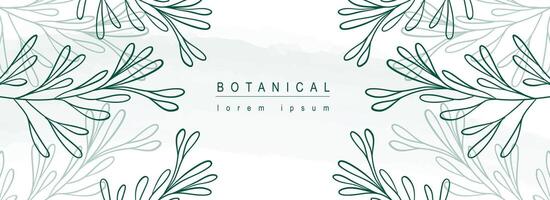 Botanical abstract background with floral line art design. Horizontal web banner in minimal style with green leaves contours frame template and silhouette shadow on backdrop. Vector illustration.