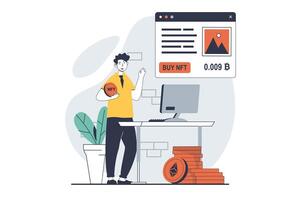 NFT token concept with people scene in flat design for web. Man buying collectible artworks with crypto coins in virtual gallery. Vector illustration for social media banner, marketing material.