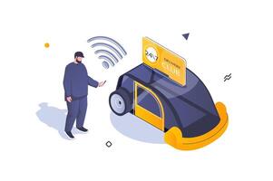 Transportation logistics concept in 3d isometric design. Man ordering car or taxi service using mobile app and delivery club card. Vector illustration with isometric people scene for web graphic