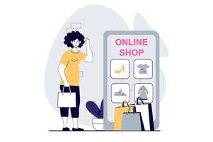 Mobile commerce concept with people scene in flat design for web. Woman choosing goods in assortment of online store in mobile app. Vector illustration for social media banner, marketing material.