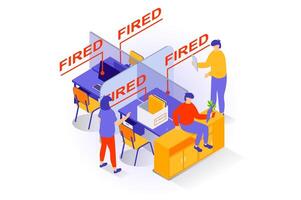 Unemployment and crisis concept in 3d isometric design. People lose jobs, get fired notices from office, get careers crash and frustration. Vector illustration with isometry scene for web graphic